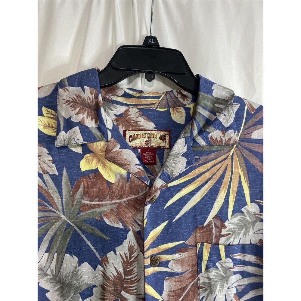 Caribbean Joe Hawaiian Shirt Mens Large Blue Excellent Tropical Palm Rayon Camp - Picture 2 of 10